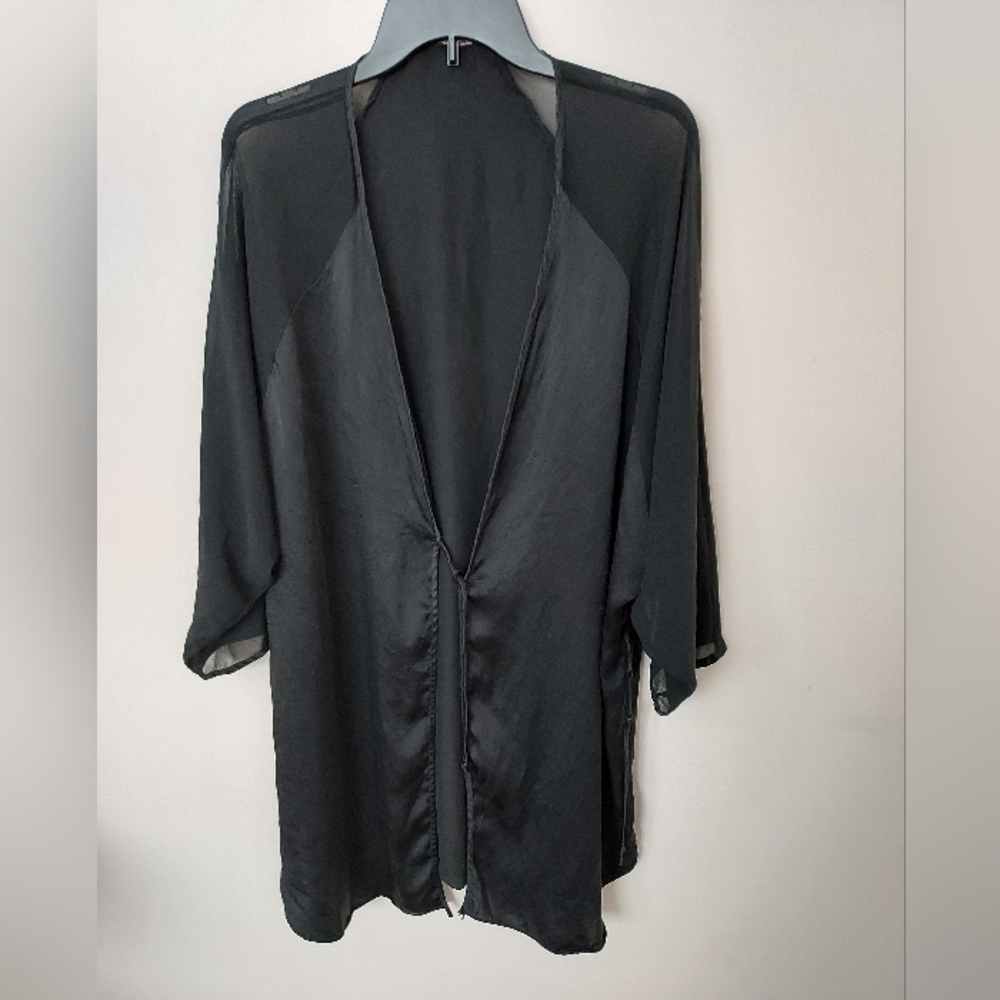 Black Satin with Sheer sleeves short wrap Robe Romantic Honeymoon Minimalist